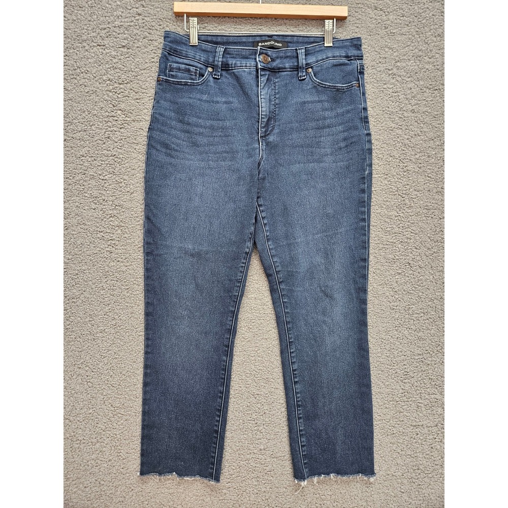 Bandolino Amy Jeans 10 Blue High Rise Raw Hem Stretch Denim Slim Straight